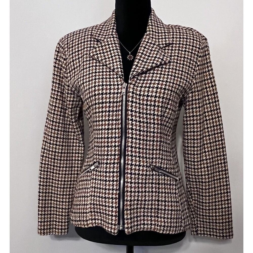 Vtg Y2K Tweed Houndstooth Blazer Jacket Wool Womens Small Zip Pocket Preppy